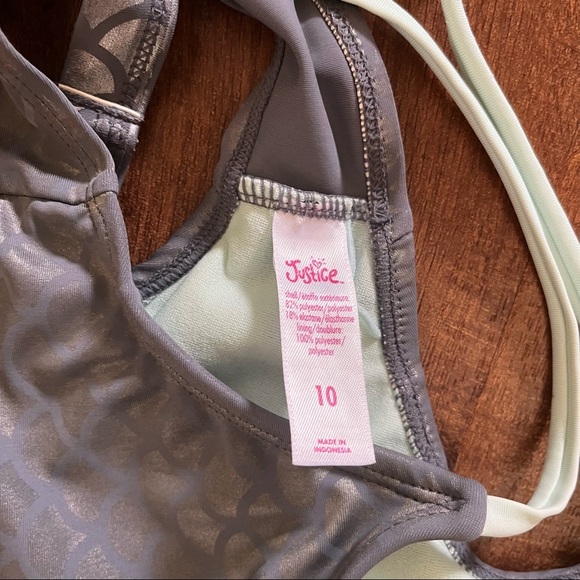 Justice girls mermaid 2 two piece bikini Sz 10 gray mint green shiny - Picture 3 of 6